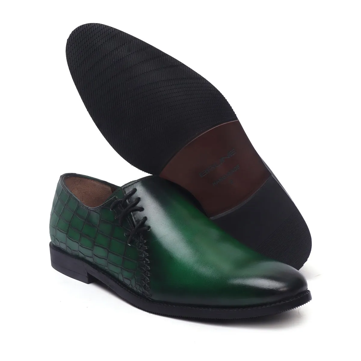 Burnished Green Cross Stitched Side Lacing with Quarter Smokey Croco Leather Shoes by Brune & Bareskin