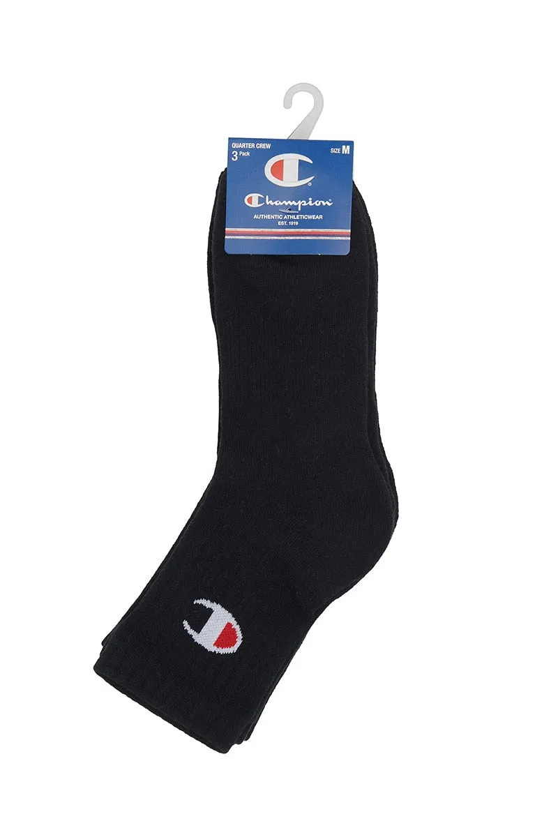 CHAMPION UNISEX QTR CREW 3PK BLACK SOCKS