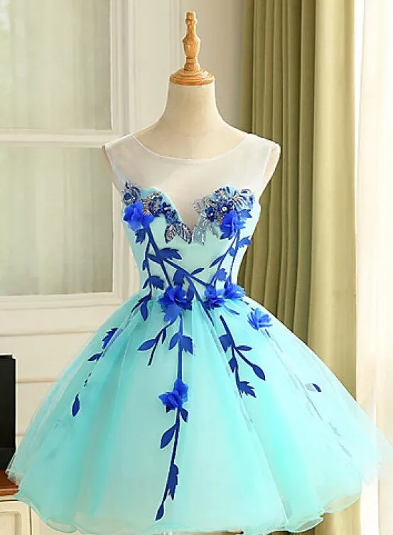 Charming Mint Blue Round Neck Applique Short Tulle Homecoming, Cocktail Dresses