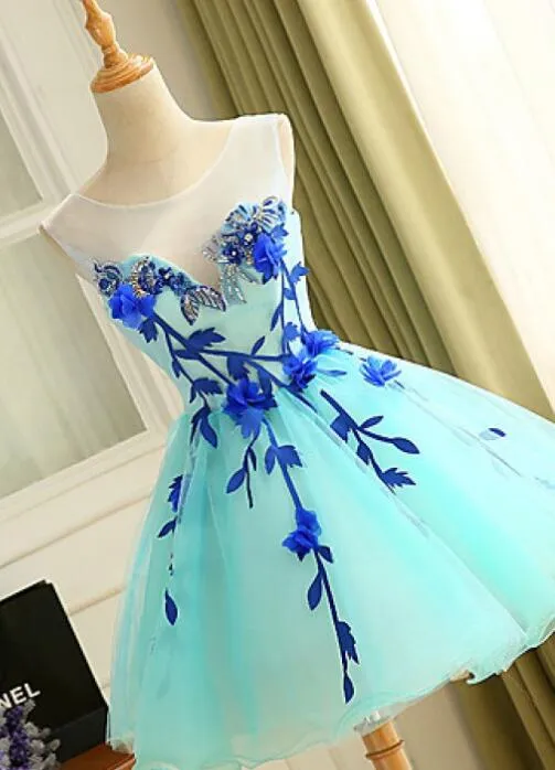 Charming Mint Blue Round Neck Applique Short Tulle Homecoming, Cocktail Dresses