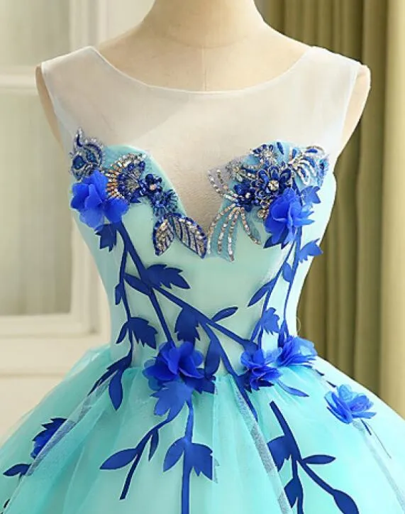 Charming Mint Blue Round Neck Applique Short Tulle Homecoming, Cocktail Dresses