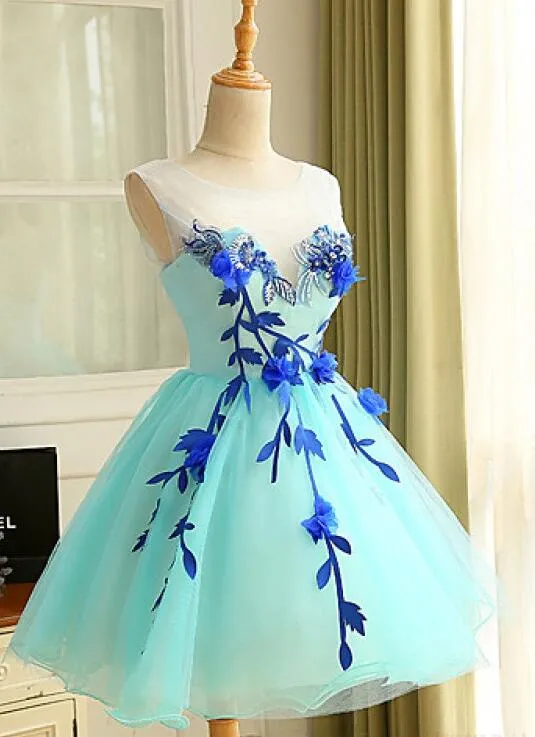 Charming Mint Blue Round Neck Applique Short Tulle Homecoming, Cocktail Dresses