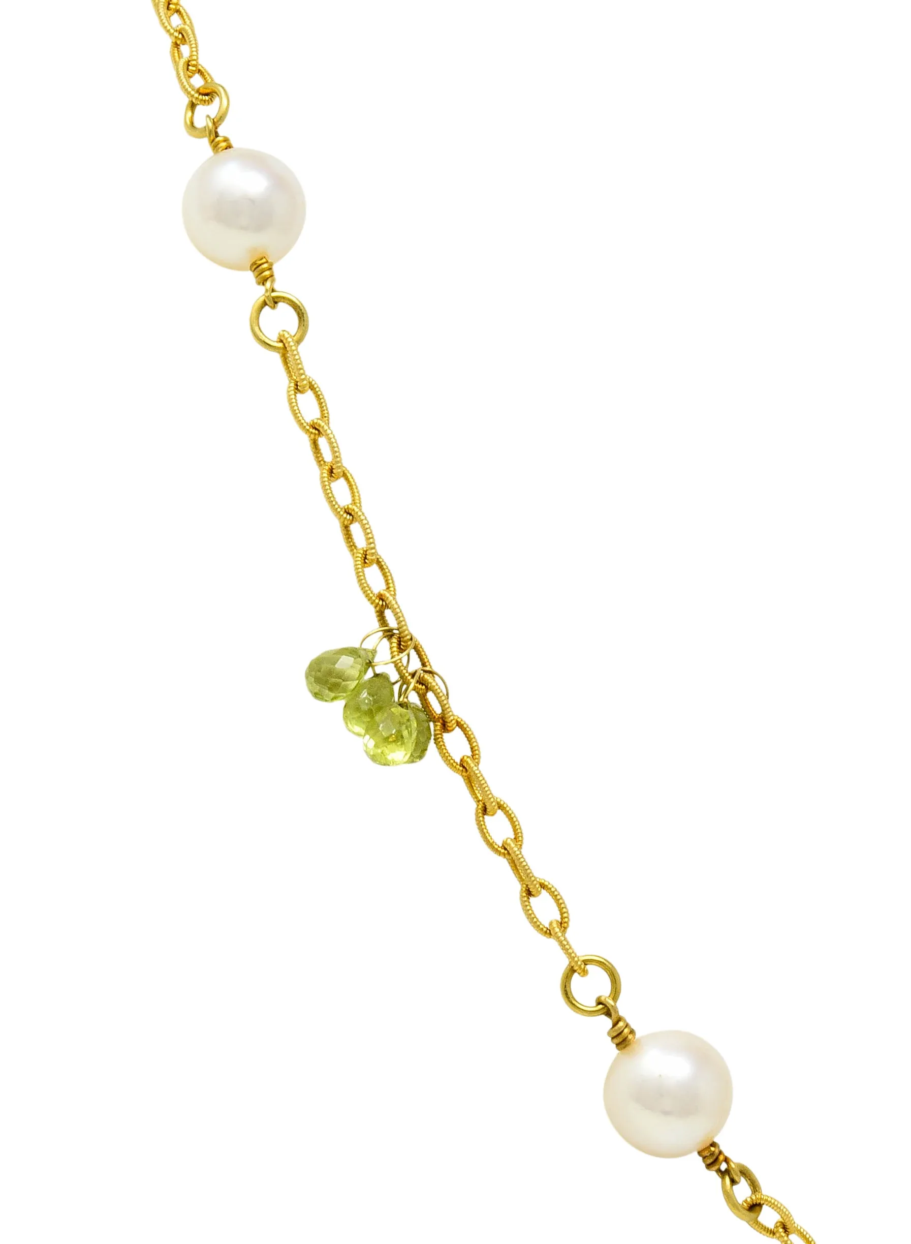 Contemporary Cultured Pearl Peridot 18 Karat Gold Station Necklace