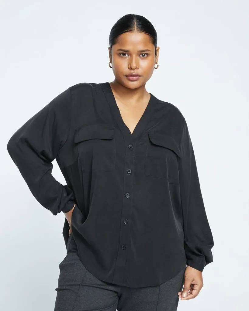 Cooling Stretch Cupro Button-Down Blouse - Black