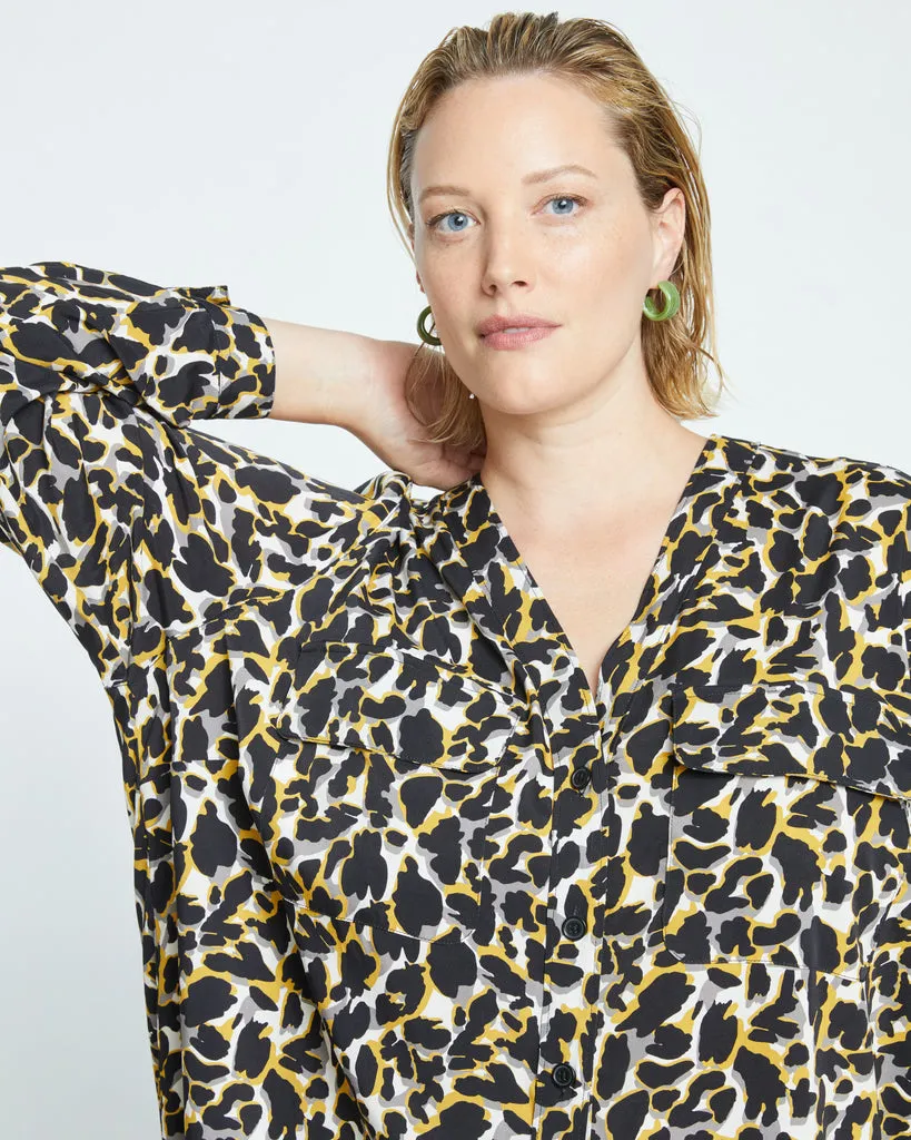 Cooling Stretch Cupro Button-Down Blouse - Leopard