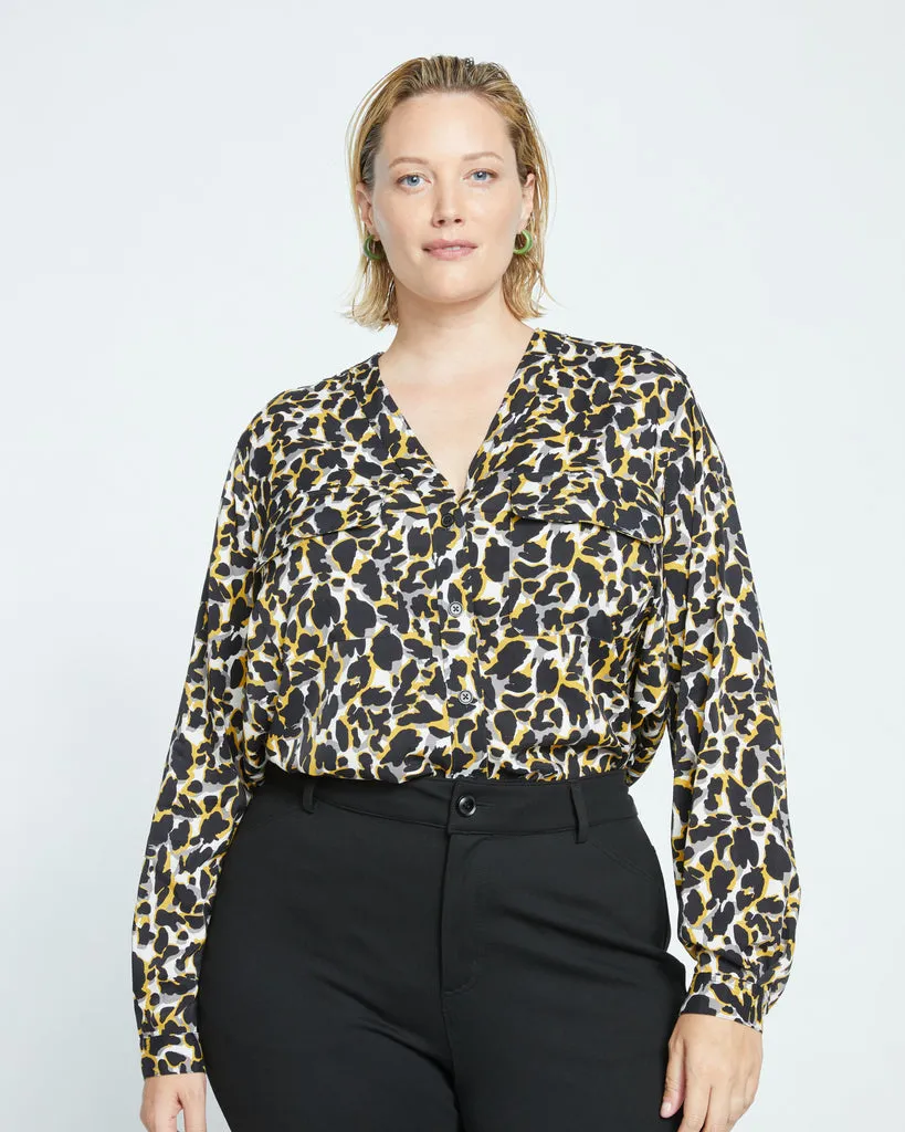 Cooling Stretch Cupro Button-Down Blouse - Leopard