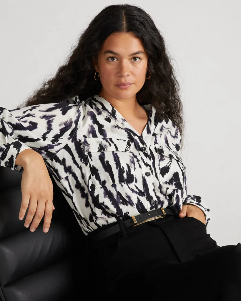 Cooling Stretch Cupro Button-Down Blouse - Modern Zebra