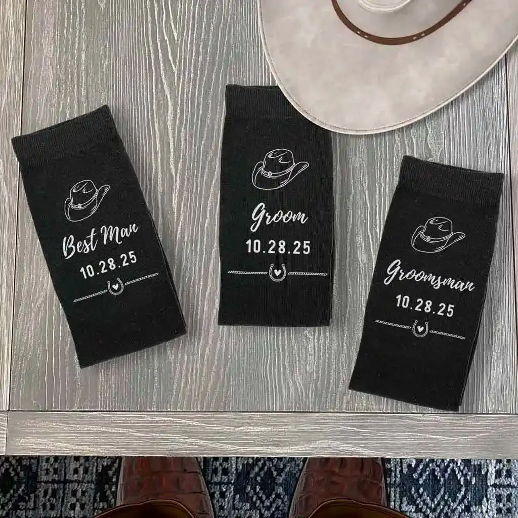 Custom Cowboy Hat Groomsmen Socks for Western Wedding Theme.