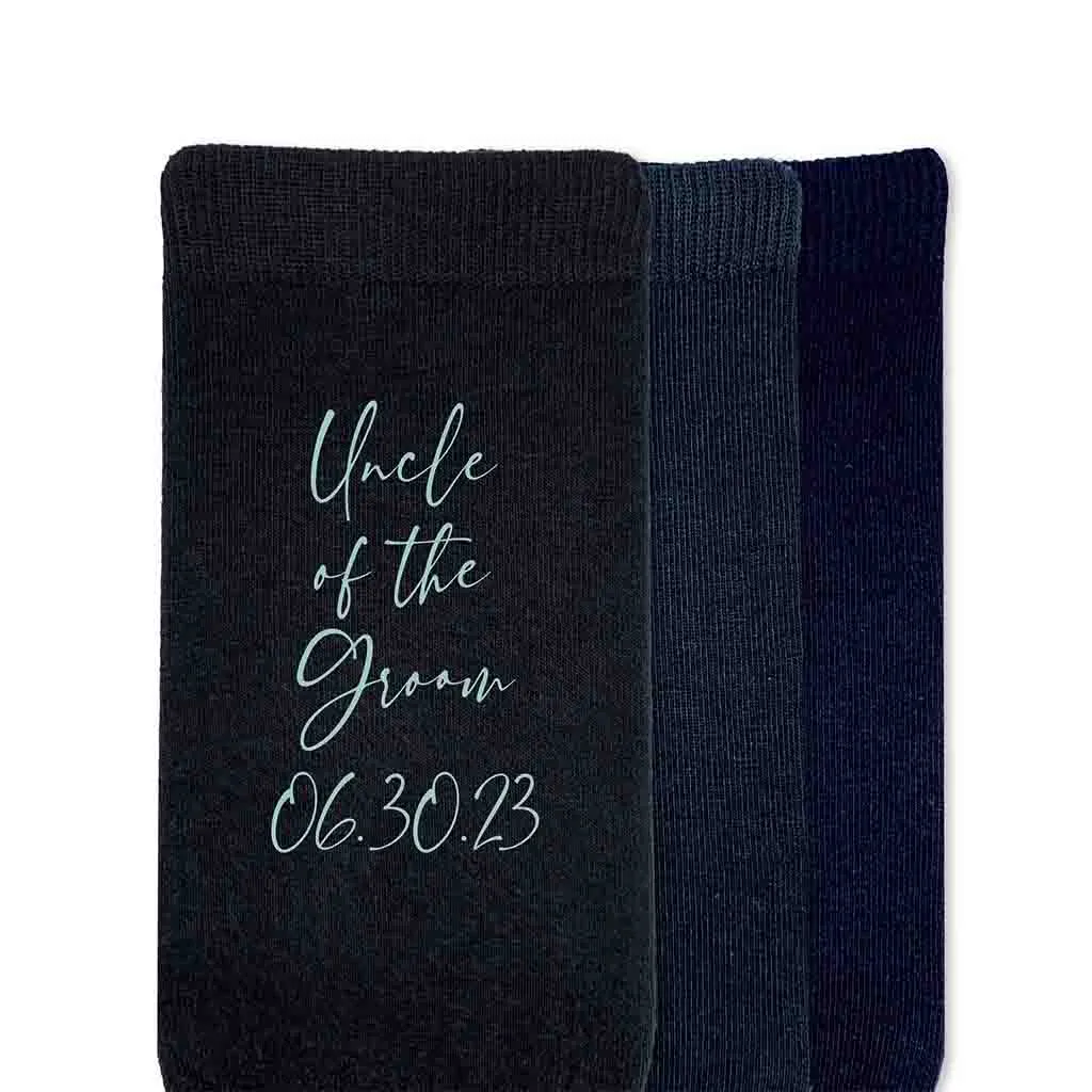 Custom wedding party socks with personalized script writing.