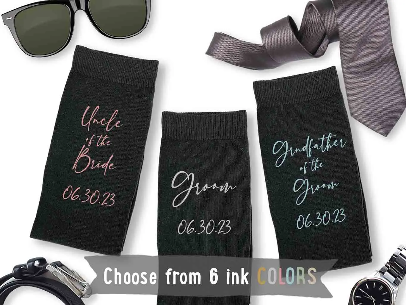 Custom wedding party socks with personalized script writing.