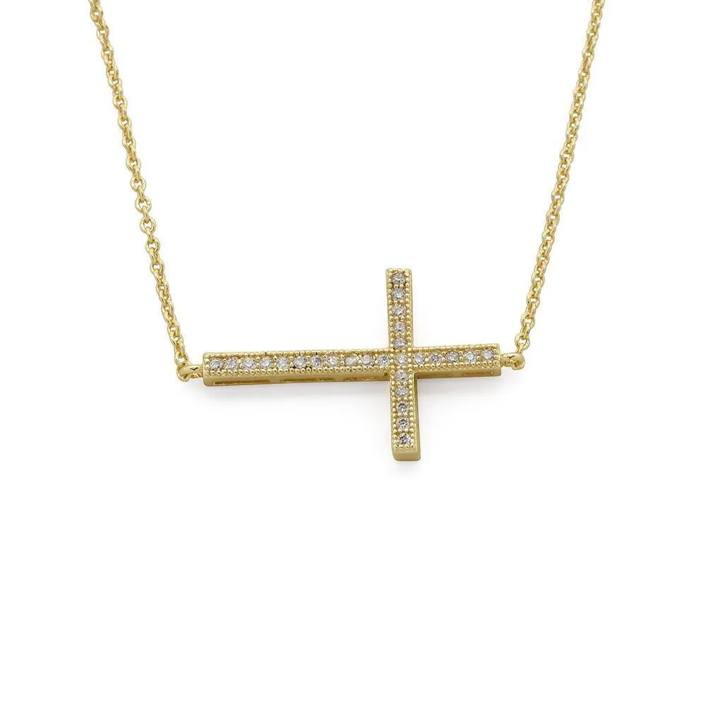 CZ Pave Horizontal Cross Necklace Gold Tone