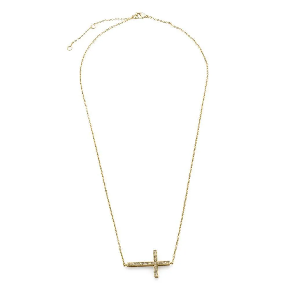 CZ Pave Horizontal Cross Necklace Gold Tone