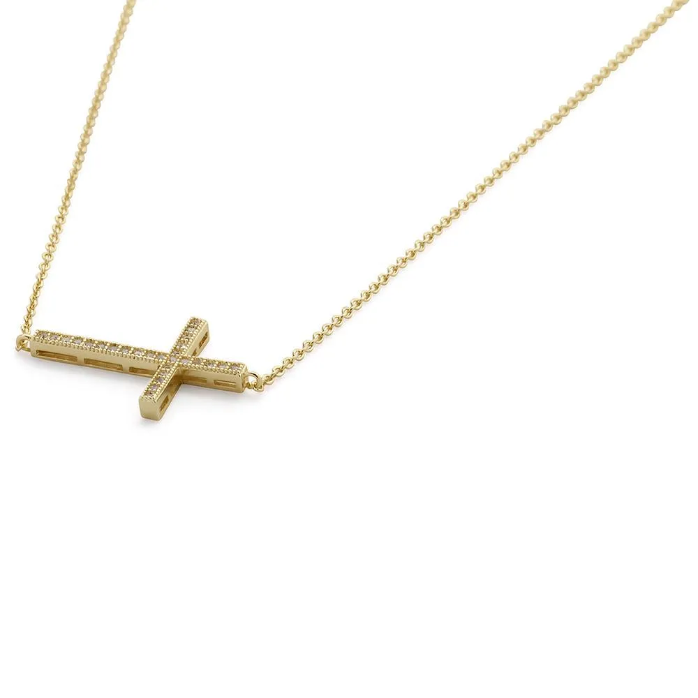 CZ Pave Horizontal Cross Necklace Gold Tone