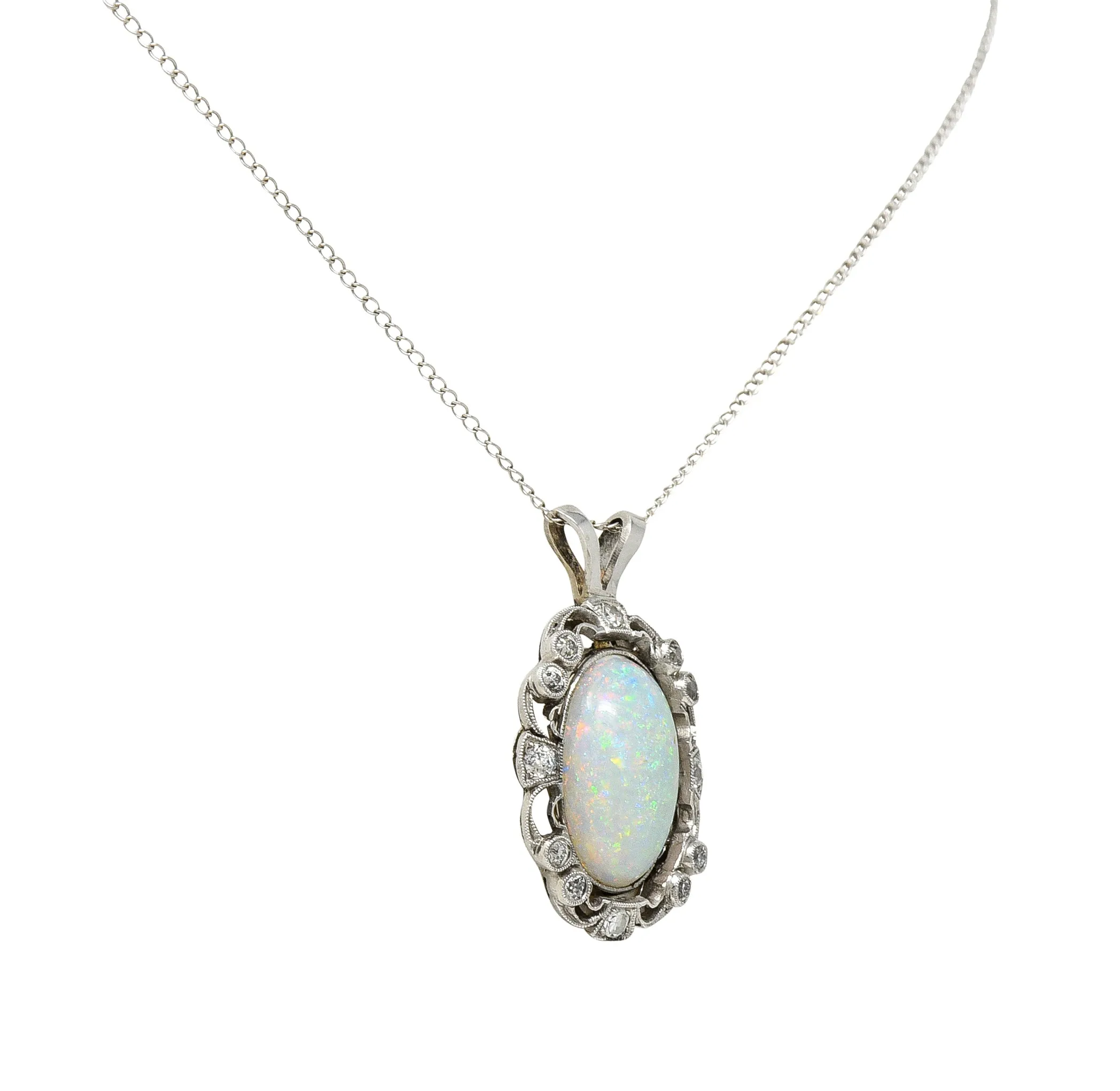 Edwardian Opal Diamond Platinum Wreath Pendant Necklace