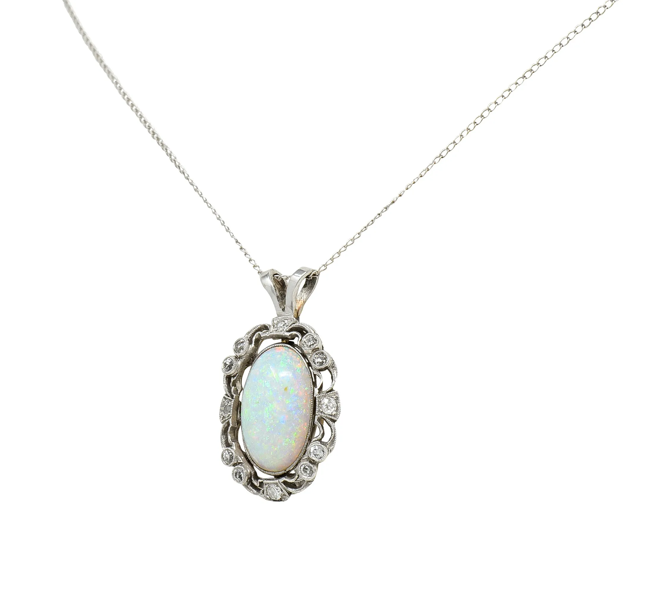 Edwardian Opal Diamond Platinum Wreath Pendant Necklace