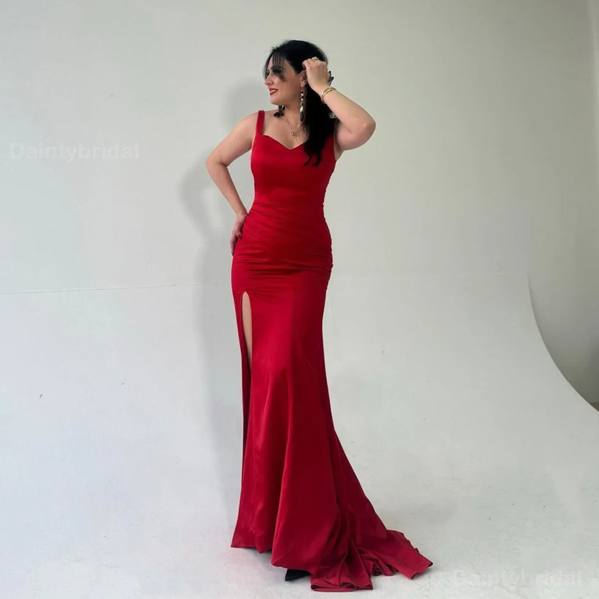 Elegant Mermaid Satin Red Side Slit Long Bridesmaid Dresses Online, BG766