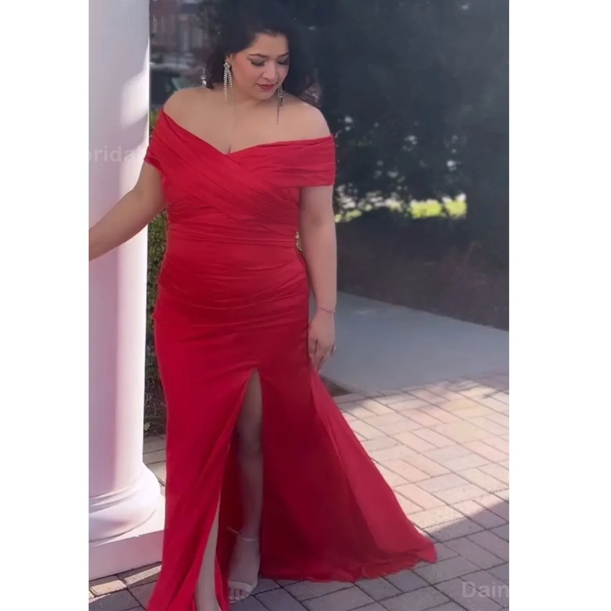 Elegant Off Shoulder Mermaid Red Side Slit Long Bridesmaid Dresses Online, BG763