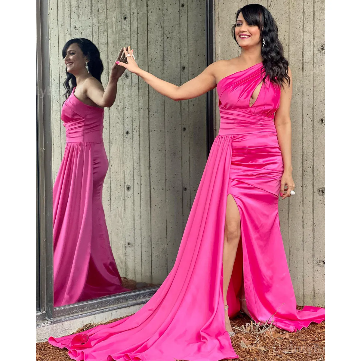 Elegant One Shoulder Mermaid Satin Fuchsia Side Slit Long Bridesmaid Dresses Online, BG770