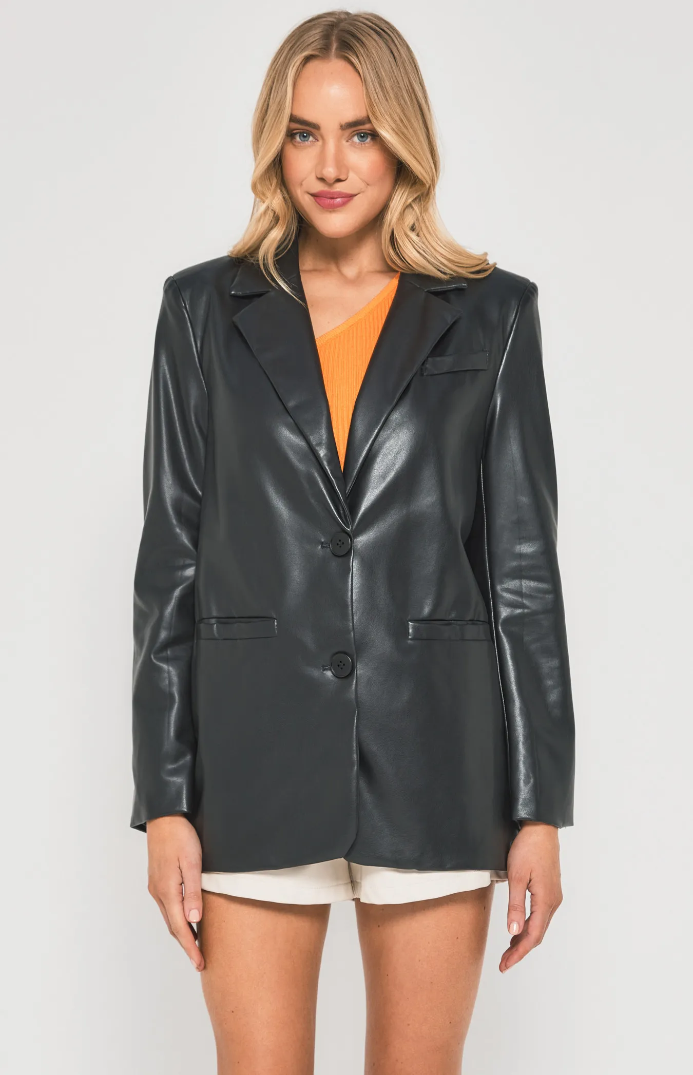 Faux Leather Blazer with Functional Pockets (WJT223A)