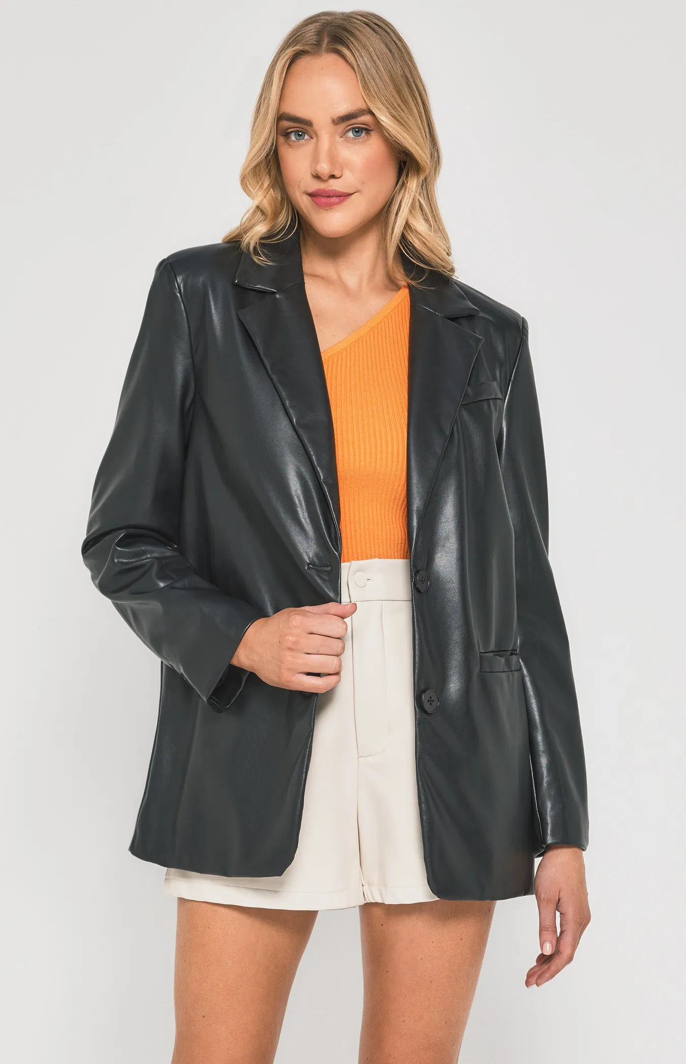 Faux Leather Blazer with Functional Pockets (WJT223A)