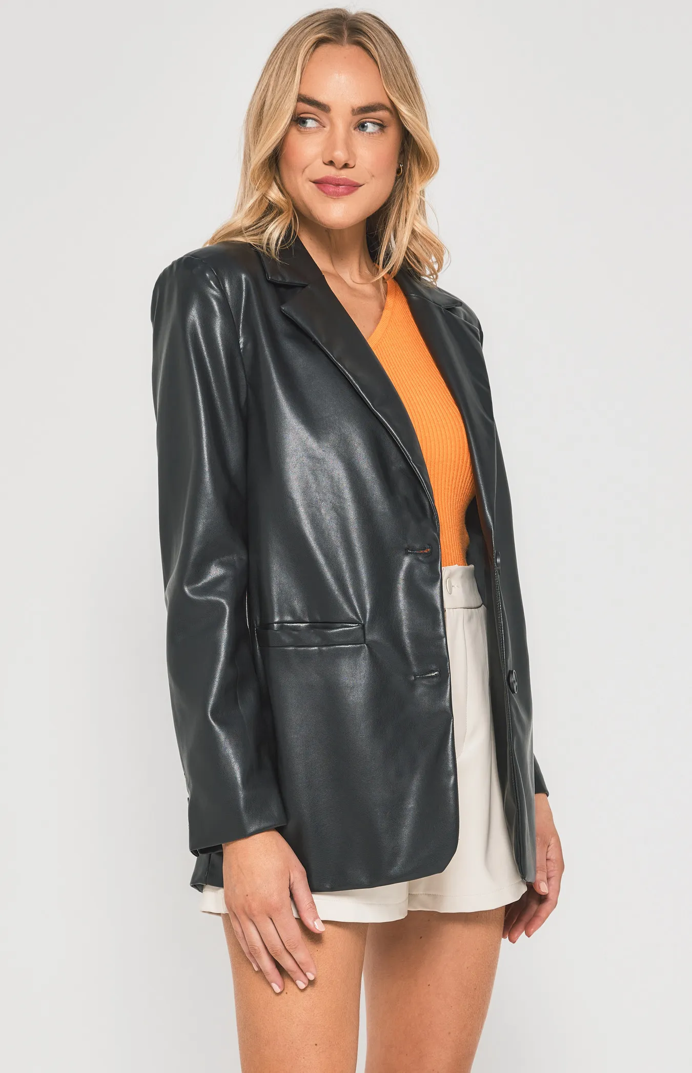 Faux Leather Blazer with Functional Pockets (WJT223A)