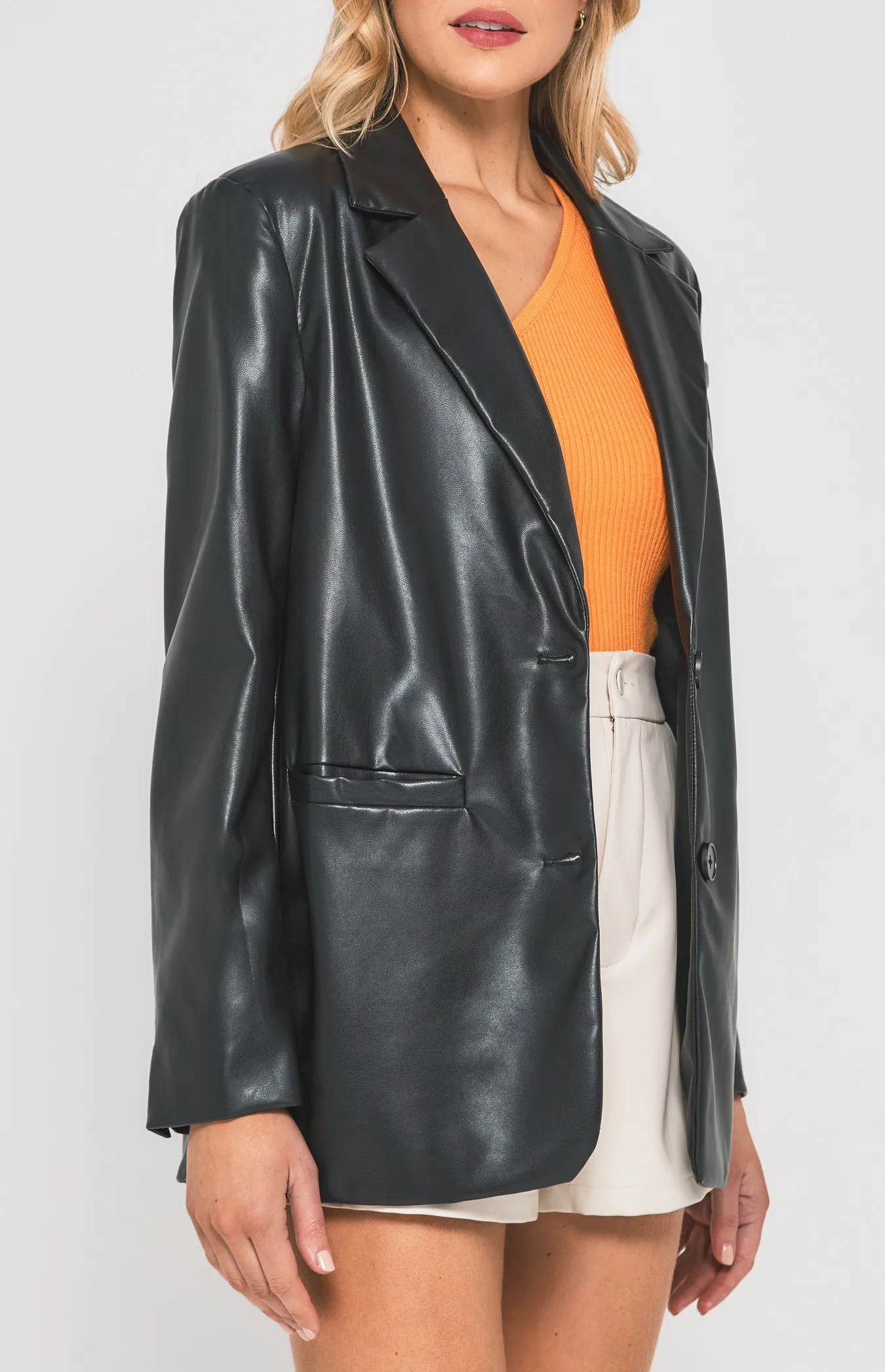 Faux Leather Blazer with Functional Pockets (WJT223A)