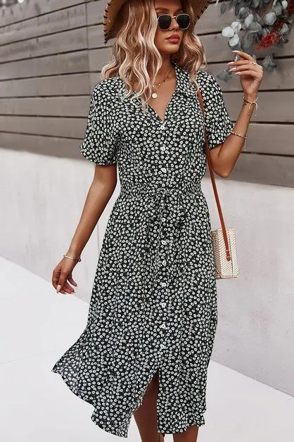 Floral V Neck Short Sleeve Dress