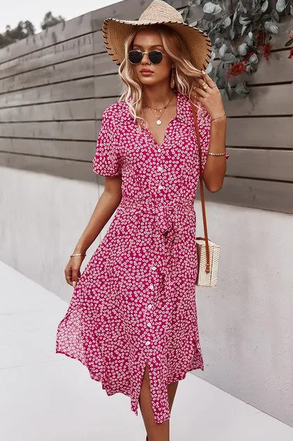 Floral V Neck Short Sleeve Dress