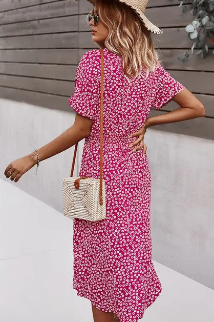 Floral V Neck Short Sleeve Dress