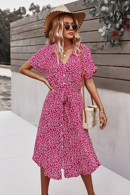 Floral V Neck Short Sleeve Dress