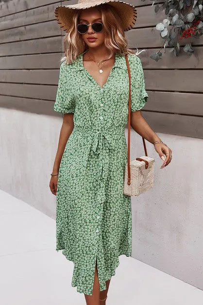 Floral V Neck Short Sleeve Dress