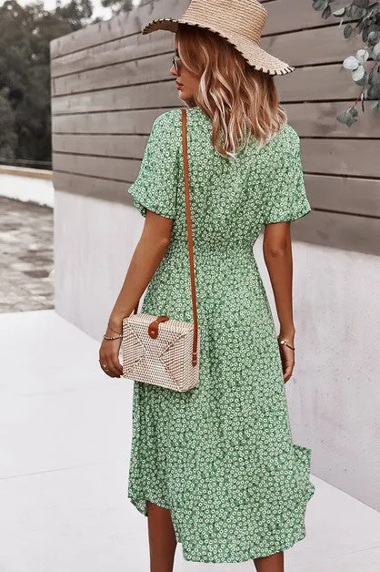 Floral V Neck Short Sleeve Dress