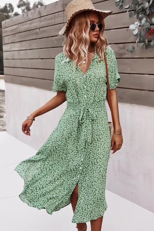 Floral V Neck Short Sleeve Dress