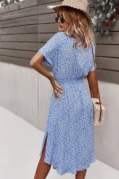 Floral V Neck Short Sleeve Dress