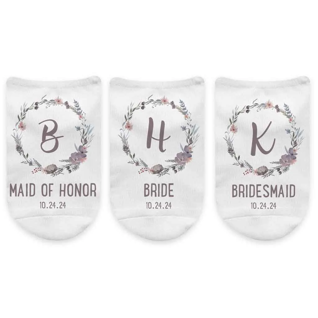 Floral Wedding Monogram Non-Slip Socks for Bridal Party