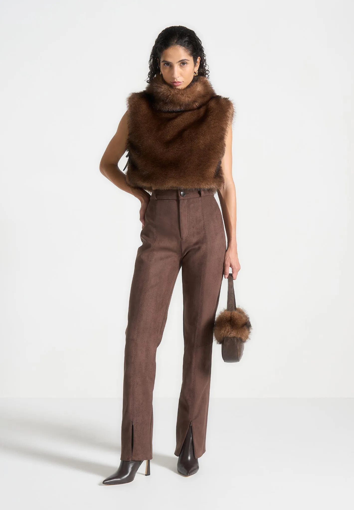 Fur High Neck Jumper with Ties - Brown