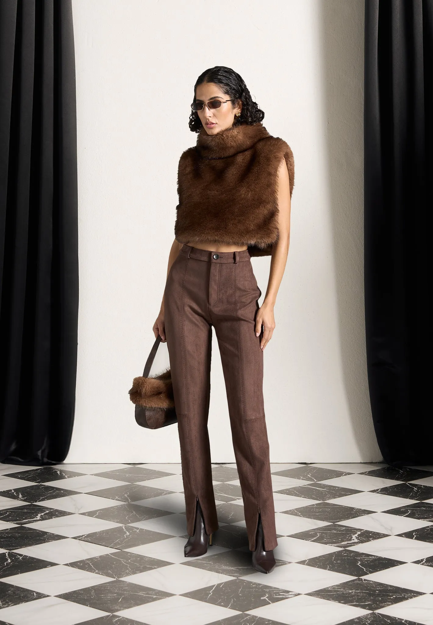 Fur High Neck Jumper with Ties - Brown