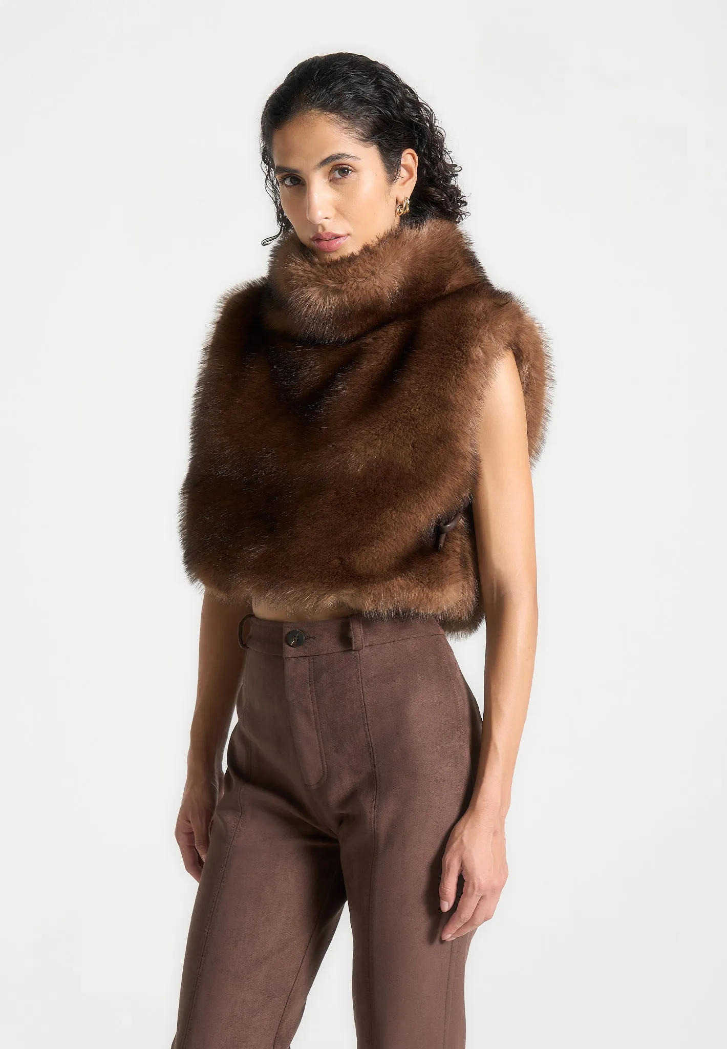 Fur High Neck Jumper with Ties - Brown