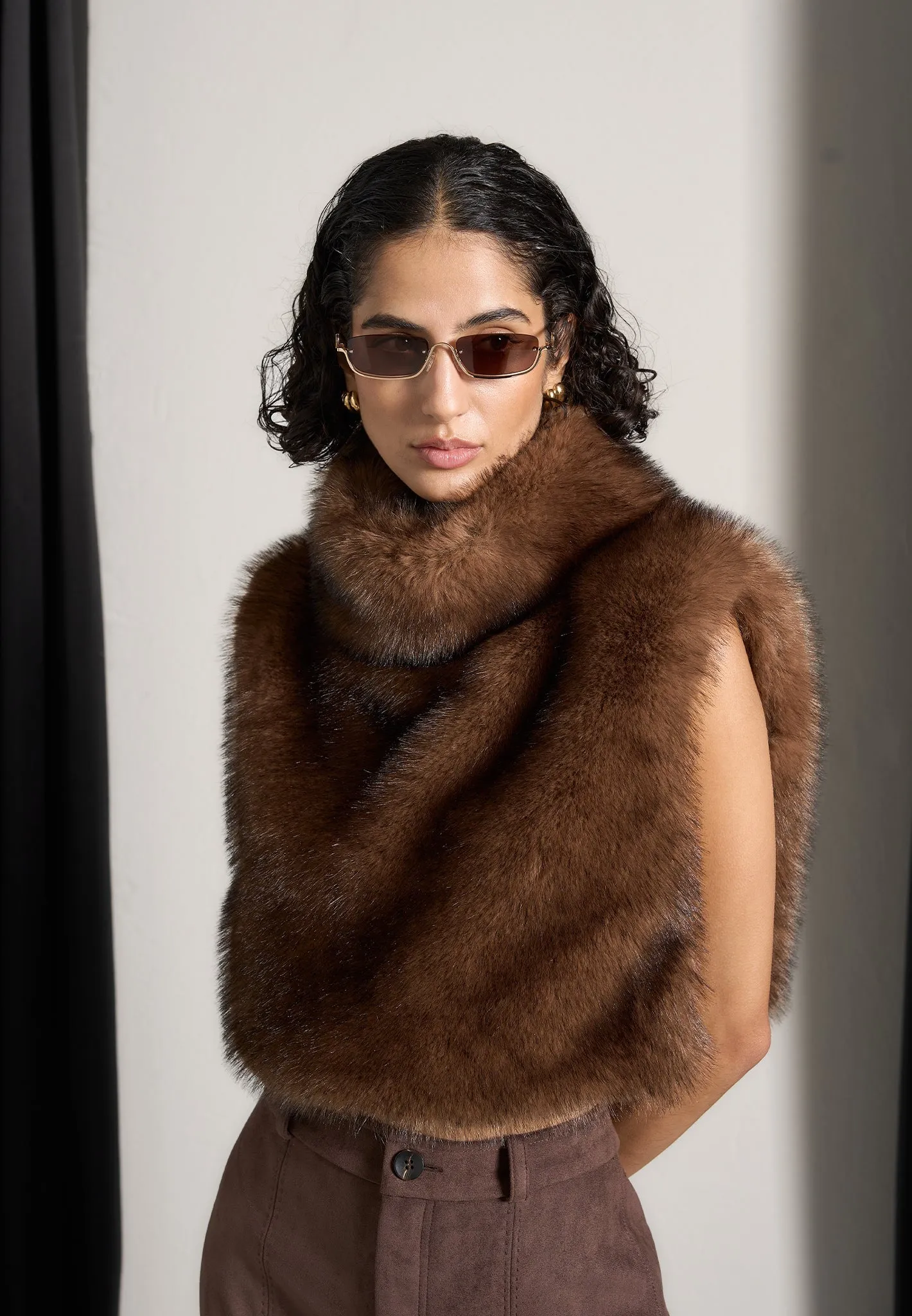 Fur High Neck Jumper with Ties - Brown