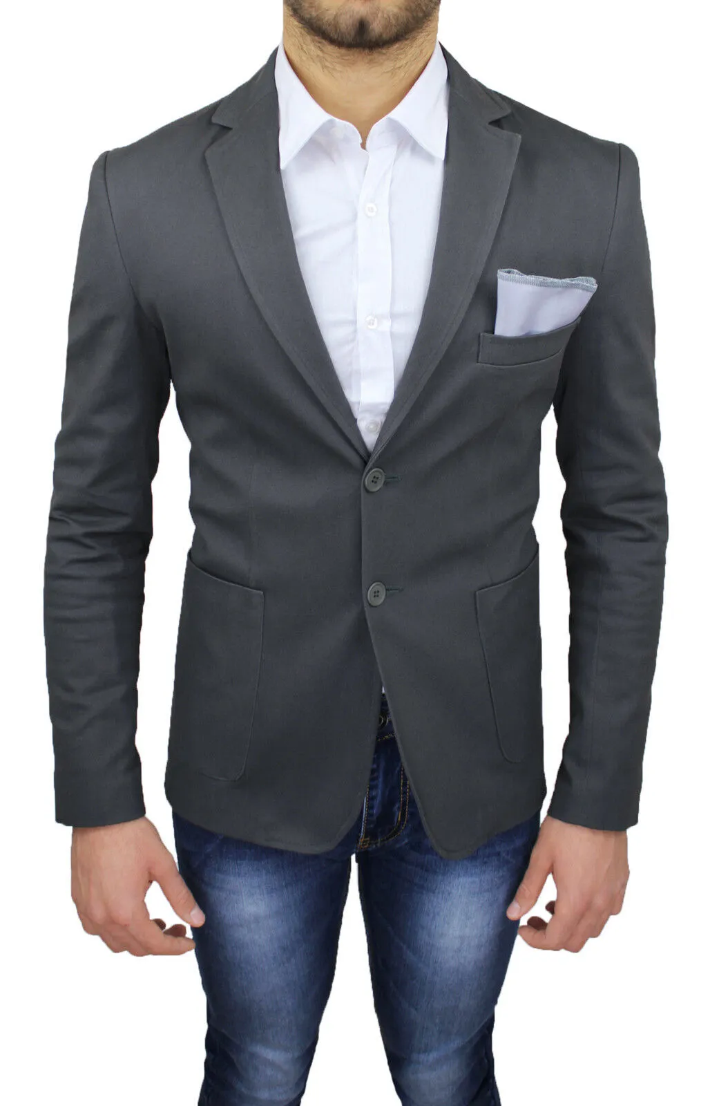 GIACCA BLAZER UOMO CASUAL ELEGANTE GRIGIO SCURO IN COTONE CON POCHETTE DA TASCA