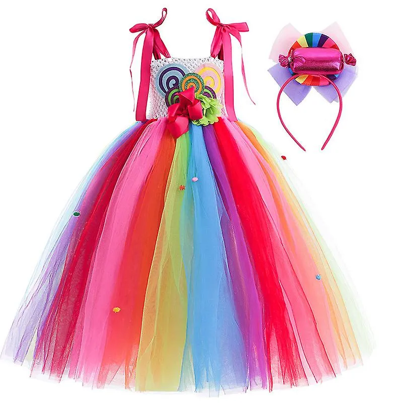 Girls Candyland Rainbow Tulle Dresses, Birthday Pageant Dress Up Costumes with Headband