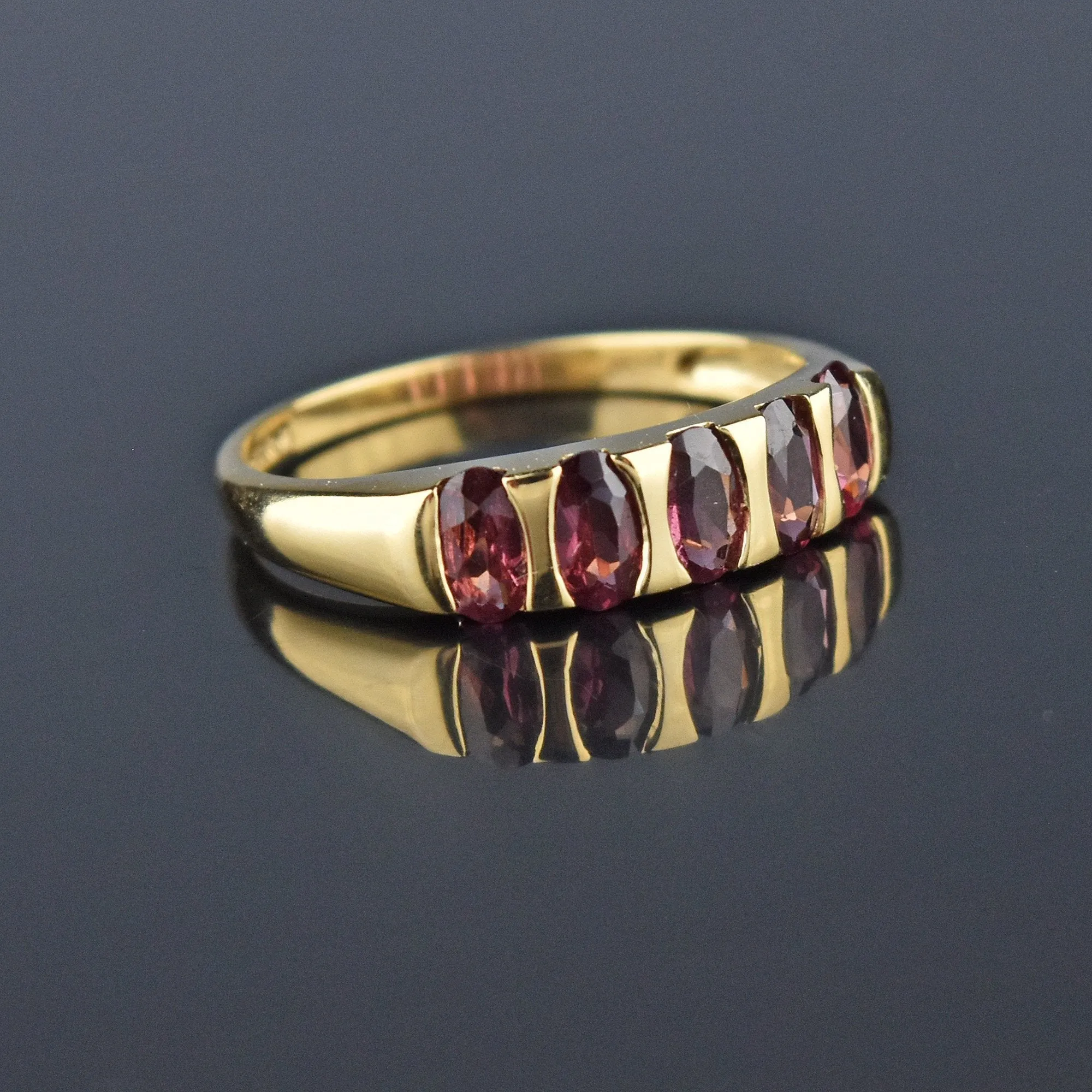 Gold Five Stone Half Eternity Rhodolite Garnet Ring