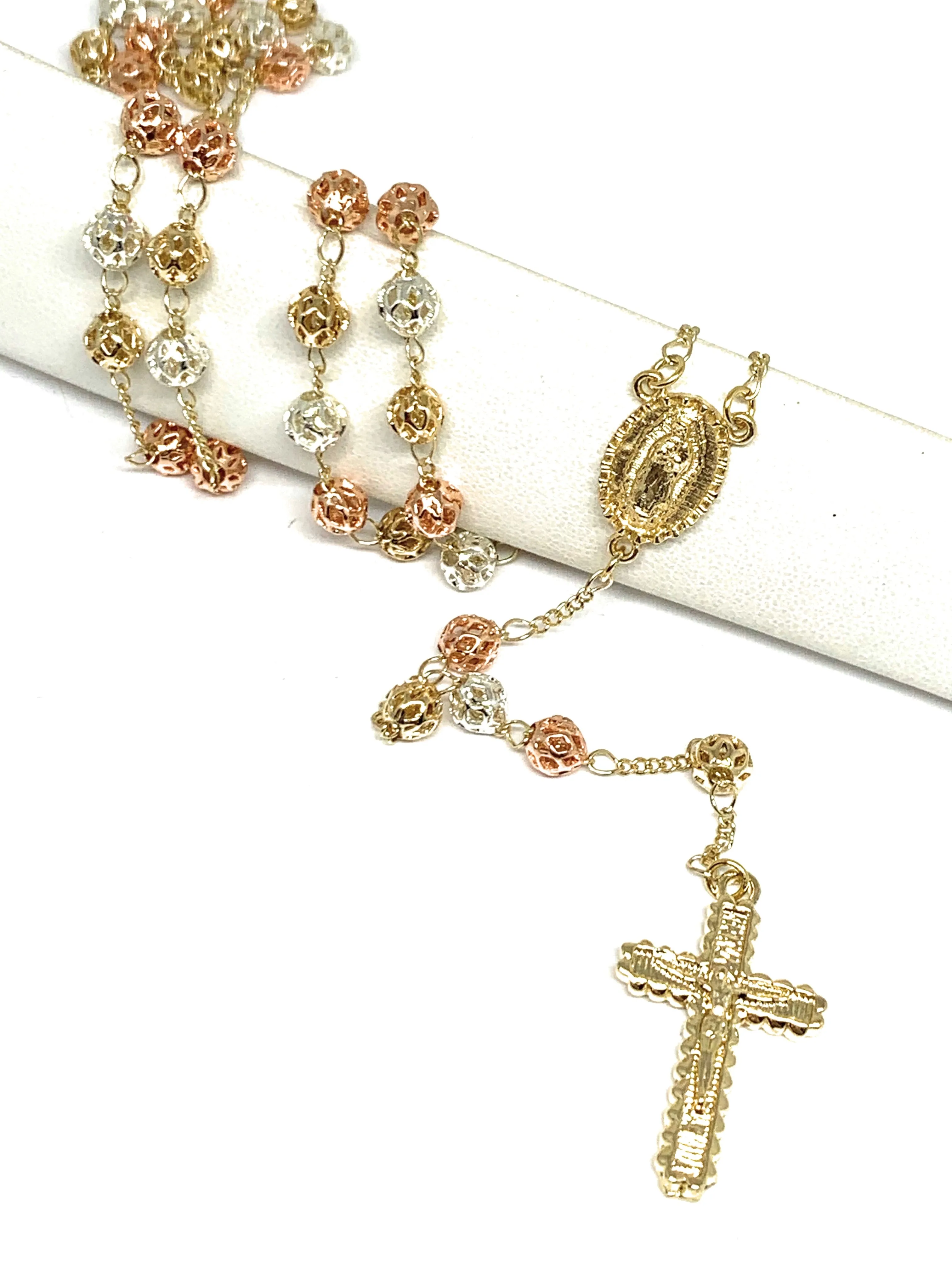 Gold Plated Tri-Color Virgin Mary Rosary Necklace Virgen Guadalupe Rosario Crucifijo Tres Colores 26”