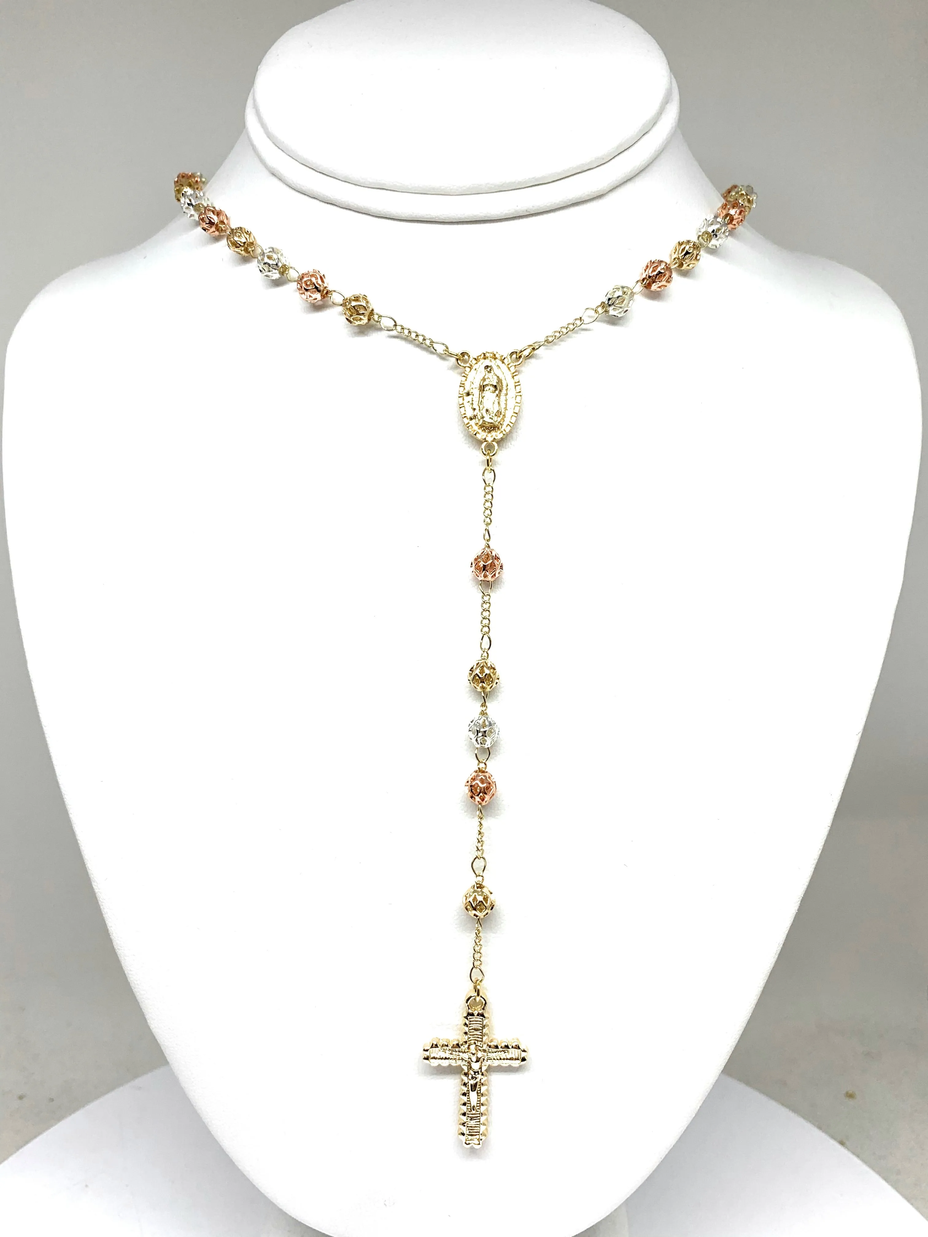 Gold Plated Tri-Color Virgin Mary Rosary Necklace Virgen Guadalupe Rosario Crucifijo Tres Colores 26”