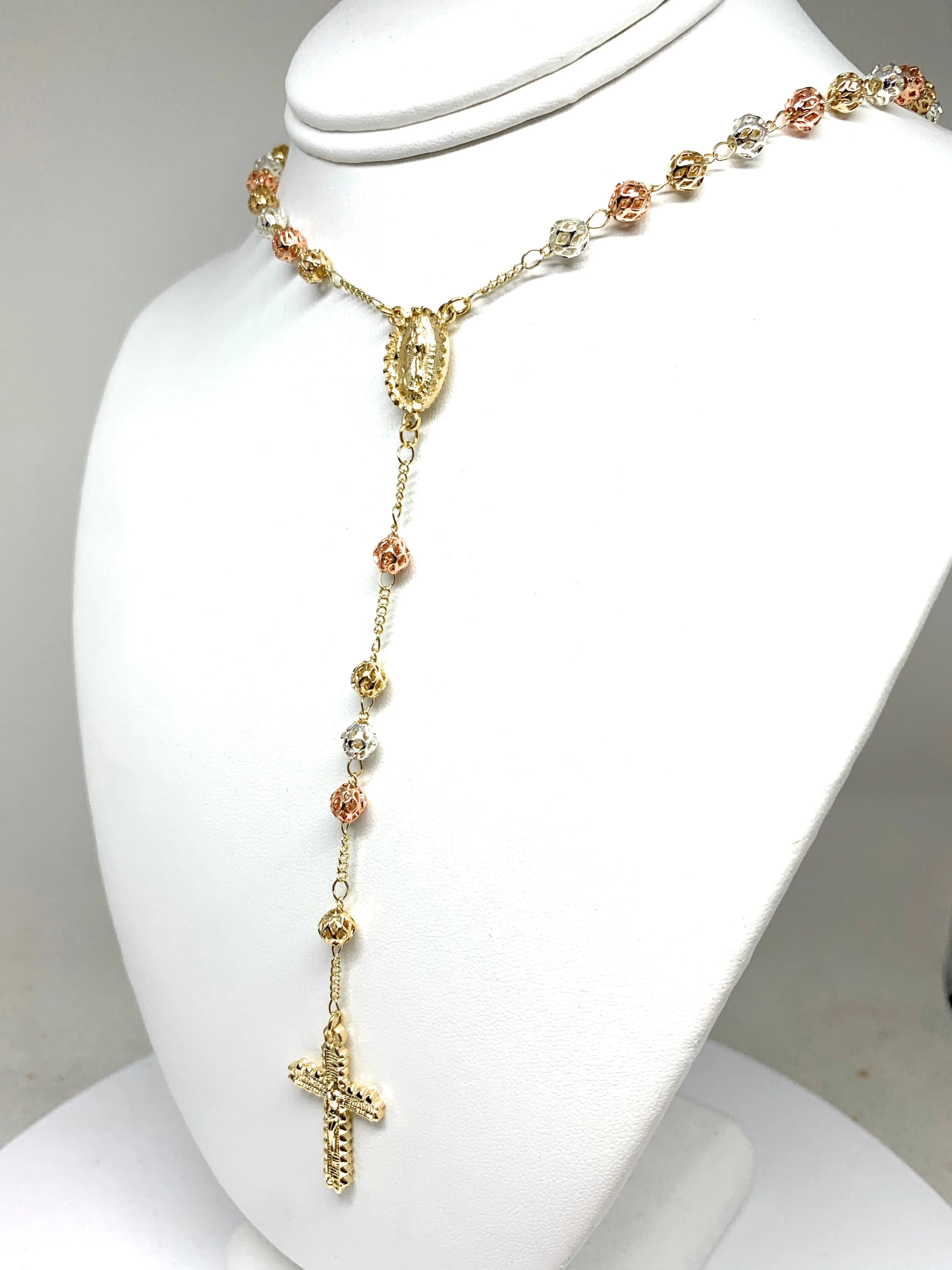 Gold Plated Tri-Color Virgin Mary Rosary Necklace Virgen Guadalupe Rosario Crucifijo Tres Colores 26”