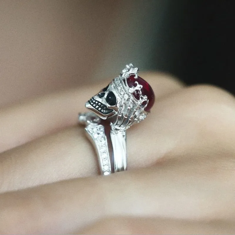 Gothic Red Crystal Skull Wedding Rings