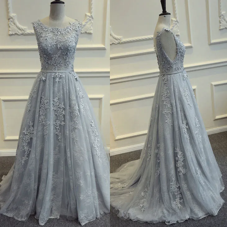 Grey Prom Dress , Tulle and Lace Evening Gowns, Formal Gowns