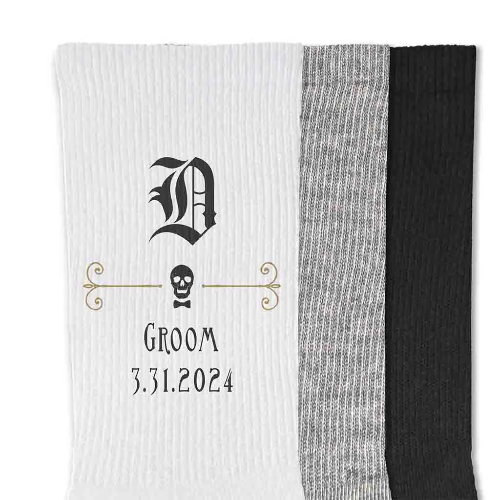 Groomsmen Wedding Party Socks with Personalized Gothic Design.