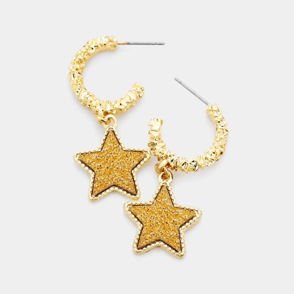 iLLASPARKZ Textured Metal Half Hoop Druzy Star Dangle Earrings