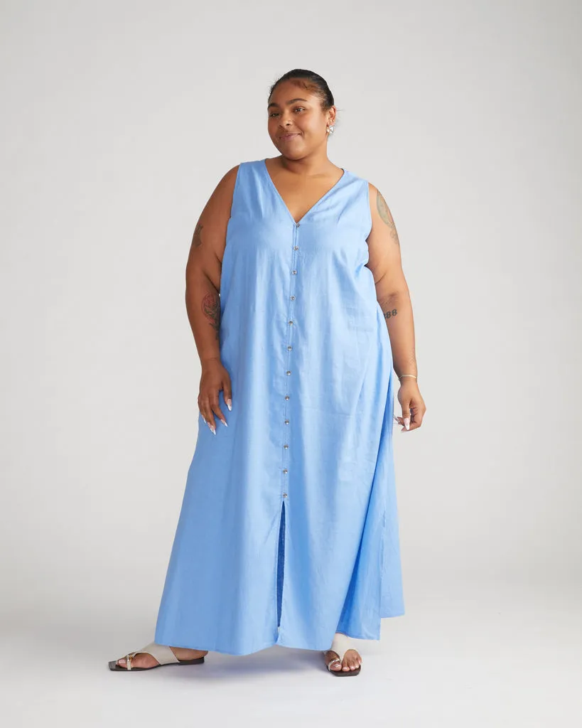 Islet Button-Down Linen Maxi Dress - Hamptons Hydrangea